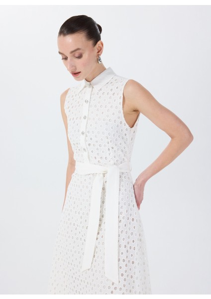 Gömlek Yaka Nakışlı Beyaz Diz Altı Kadın Elbise FC5SL-ELB0054 fiyatları