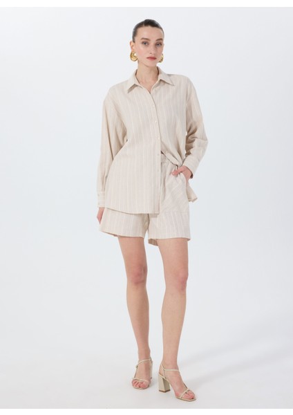 Loose Fit Gömlek Yaka Çizgili Bej Kadın Gömlek F5SL-GML0026