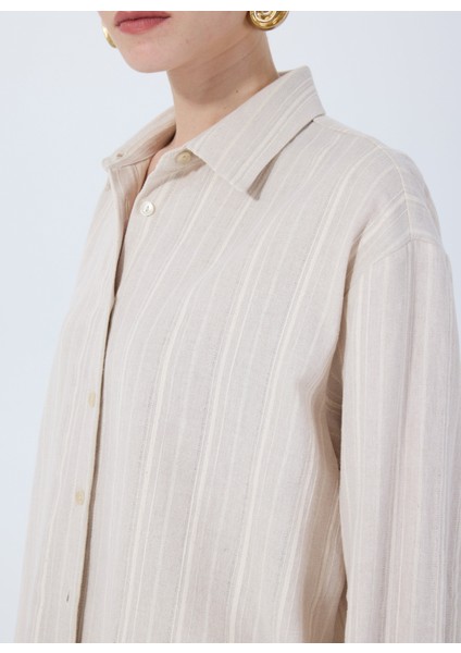 Loose Fit Gömlek Yaka Çizgili Bej Kadın Gömlek F5SL-GML0026 fiyatları