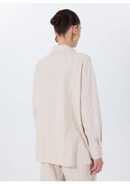 Loose Fit Gömlek Yaka Çizgili Bej Kadın Gömlek F5SL-GML0026 modelleri