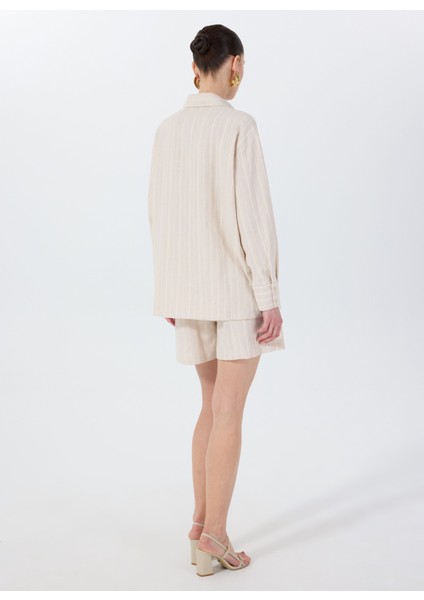 Loose Fit Gömlek Yaka Çizgili Bej Kadın Gömlek F5SL-GML0026 fırsatları