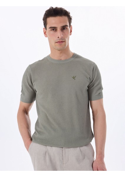 Haki Erkek Bisiklet Yaka Relaxed Fit Keten Karışımlı Kazak F5SM-KZK 2051