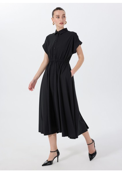 Gömlek Yaka Düz Siyah Uzun Kadın Elbise F5SL-ELB0393