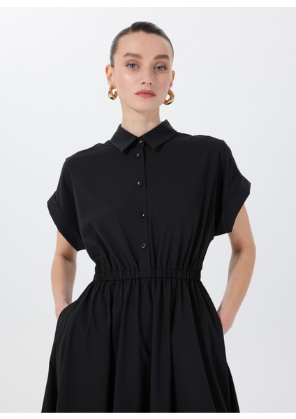 Gömlek Yaka Düz Siyah Uzun Kadın Elbise F5SL-ELB0393 fiyatları