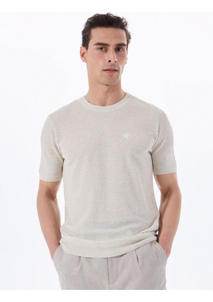 Bej Erkek Bisiklet Yaka Relaxed Fit Keten Karışımlı Kazak F5SM-KZK 2051