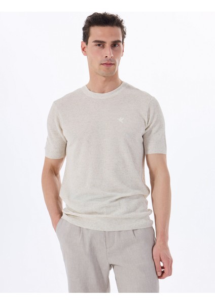 Bej Erkek Bisiklet Yaka Relaxed Fit Keten Karışımlı Kazak F5SM-KZK 2051 modelleri