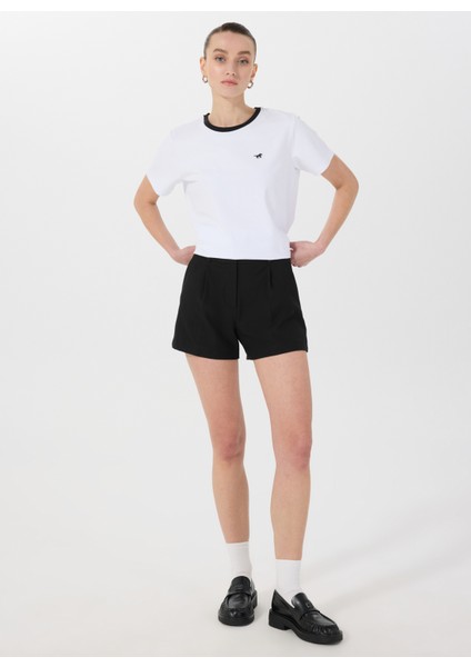 Bisiklet Yaka Nakışlı Beyaz - Siyah Kadın T-Shirt M5SL-TST1849 modelleri