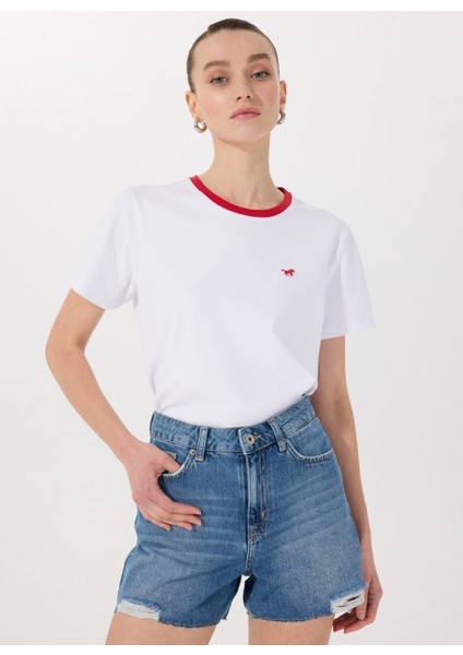 Bisiklet Yaka Nakışlı Beyaz - Kırmızı Kadın T-Shirt M5SL-TST1849 fiyatları