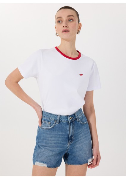 Bisiklet Yaka Nakışlı Beyaz - Kırmızı Kadın T-Shirt M5SL-TST1849 modelleri