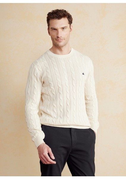 Bisiklet Yaka Standart Saç Örgü Desenli Kırık Beyaz Erkek Kazak BBSS25MKL021 fiyatları