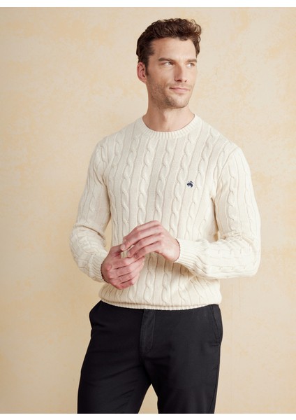 Bisiklet Yaka Standart Saç Örgü Desenli Kırık Beyaz Erkek Kazak BBSS25MKL021 modelleri