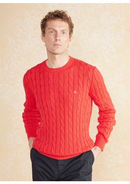 Bisiklet Yaka Standart Saç Örgü Desenli Kırmızı Erkek Kazak BBSS25MKL021 fiyatları