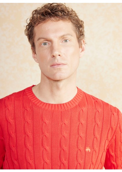 Bisiklet Yaka Standart Saç Örgü Desenli Kırmızı Erkek Kazak BBSS25MKL021 fırsatları