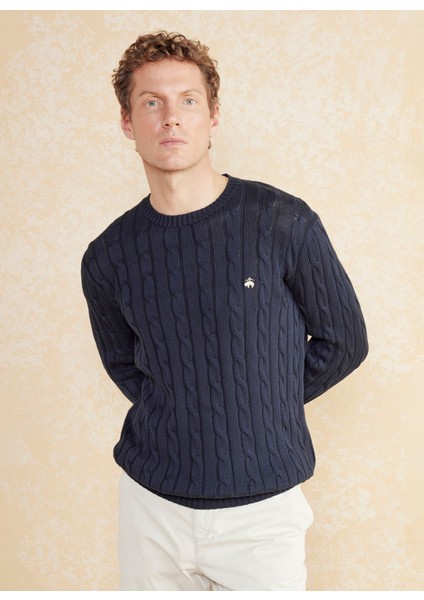 Bisiklet Yaka Standart Saç Örgü Desenli Lacivert Erkek Kazak BBSS25MKL021