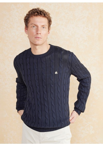 Bisiklet Yaka Standart Saç Örgü Desenli Lacivert Erkek Kazak BBSS25MKL021 fiyatları