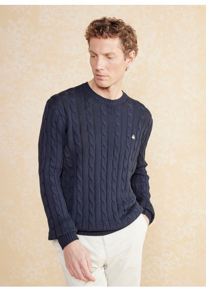 Bisiklet Yaka Standart Saç Örgü Desenli Lacivert Erkek Kazak BBSS25MKL021 fırsatları