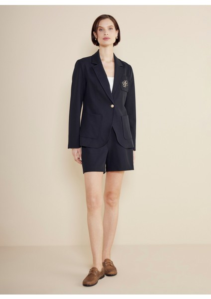 Slim Fit Lacivert Kadın Ceket Logo Nakışlı Yarım Astar Mono Blaze