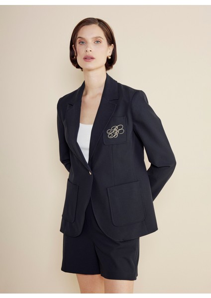 Slim Fit Lacivert Kadın Ceket Logo Nakışlı Yarım Astar Mono Blaze