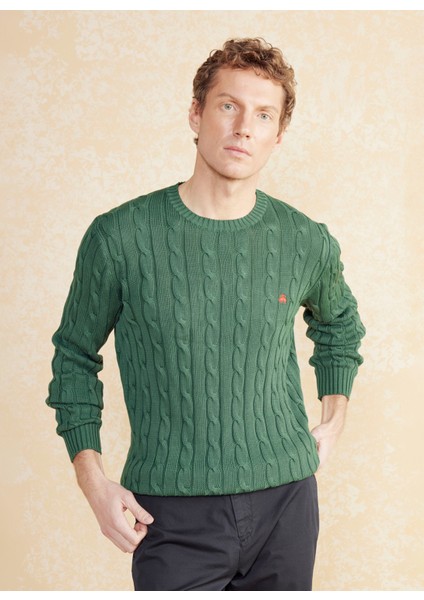 Bisiklet Yaka Standart Saç Örgü Desenli Koyu Yeşil Erkek Kazak BBSS25MKL021