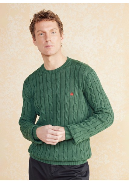 Bisiklet Yaka Standart Saç Örgü Desenli Koyu Yeşil Erkek Kazak BBSS25MKL021 fiyatları