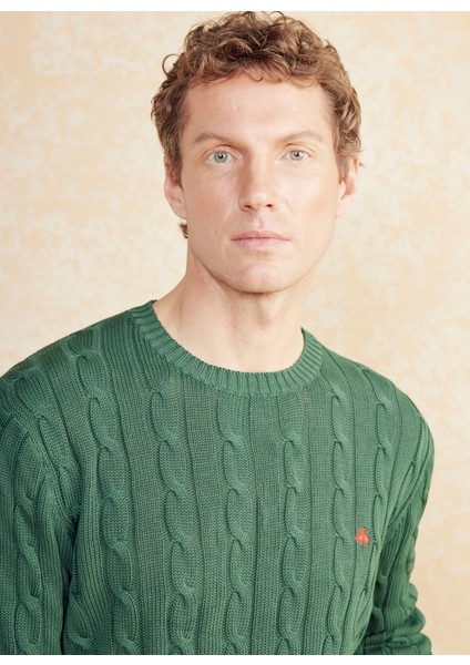 Bisiklet Yaka Standart Saç Örgü Desenli Koyu Yeşil Erkek Kazak BBSS25MKL021 fırsatları