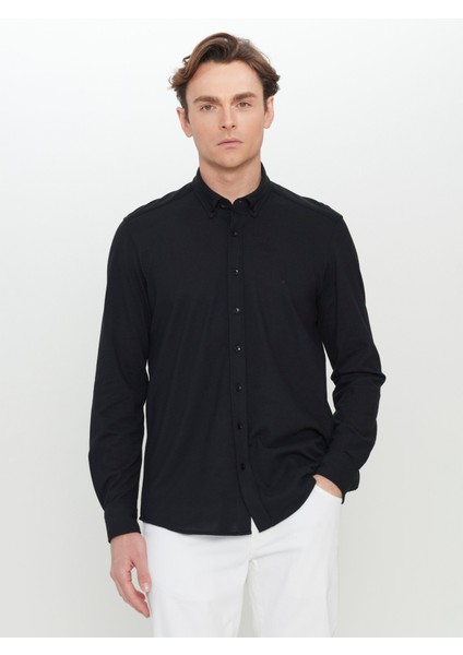 Slim Fit Düğmeli Yaka Siyah Erkek Gömlek ACE020252157_SYH