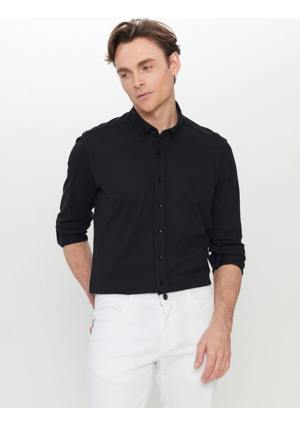 Slim Fit Düğmeli Yaka Siyah Erkek Gömlek ACE020252157_SYH