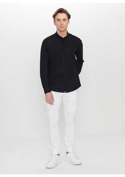 Slim Fit Düğmeli Yaka Siyah Erkek Gömlek ACE020252157_SYH