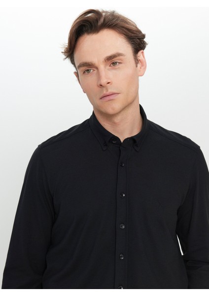 Slim Fit Düğmeli Yaka Siyah Erkek Gömlek ACE020252157_SYH