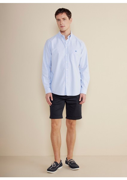 Regular Fit Düğmeli Yaka Mavi Erkek Gömlek BBSS25MSH008