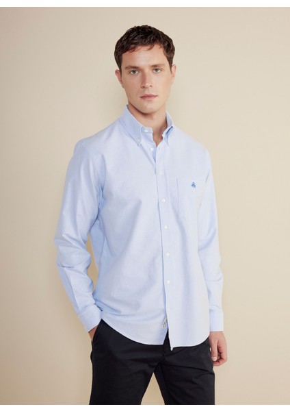 Regular Fit Düğmeli Yaka Mavi Erkek Gömlek BBSS25MSH008 modelleri