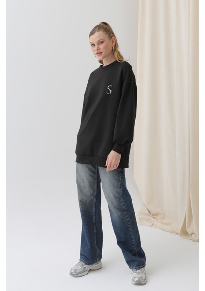 32112 Kadın Arkası Leopar Detaylı Sweatshirt