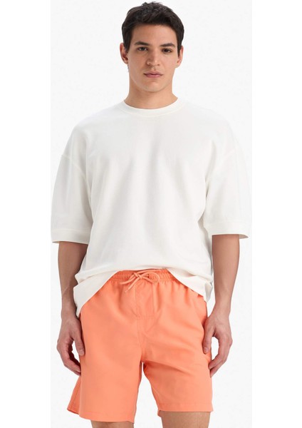 Regular Fit Kısa Boy Cepli File Astarlı Beli Bağcıklı Düz Hafif Kumaş Deniz Şortu E5133AXNS
