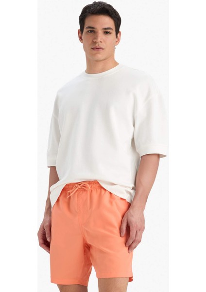 Regular Fit Kısa Boy Cepli File Astarlı Beli Bağcıklı Düz Hafif Kumaş Deniz Şortu E5133AXNS