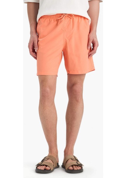 Regular Fit Kısa Boy Cepli File Astarlı Beli Bağcıklı Düz Hafif Kumaş Deniz Şortu E5133AXNS