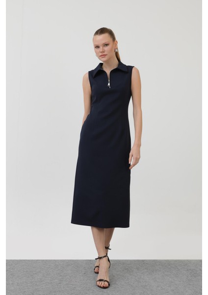 32149 Kadın Fermuar Detaylı Midi Elbise