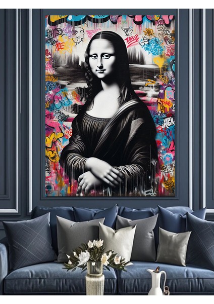 Graffiti Ile Mona Lisa Dekoratif Kanvas - Mdf Ahşap Tablo