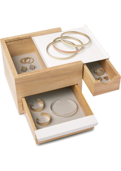 Stowit Tasarım Takı Kutusu - Modern Takı Box Geheimfaechern Yüzükler, Bileklikler, Saatler, Kolyeler, Küpeler ve Aksesuarlar Için, Ahşap/metal, Ahşap, Weiß / Natur, Mini