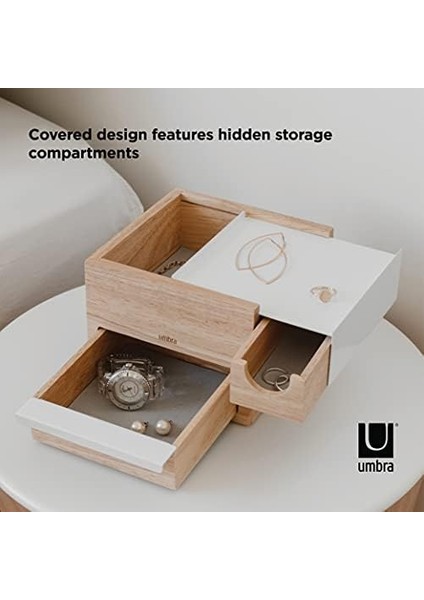Stowit Tasarım Takı Kutusu - Modern Takı Box Geheimfaechern Yüzükler, Bileklikler, Saatler, Kolyeler, Küpeler ve Aksesuarlar Için, Ahşap/metal, Ahşap, Weiß / Natur, Mini
