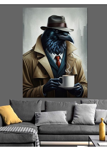 Kahve Içen Dedektif Kuş Dekoratif Kanvas - Mdf Ahşap Tablo fiyatları