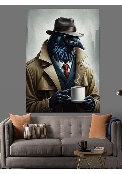 Kahve Içen Dedektif Kuş Dekoratif Kanvas - Mdf Ahşap Tablo modelleri