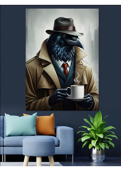 Kahve Içen Dedektif Kuş Dekoratif Kanvas - Mdf Ahşap Tablo fırsatları