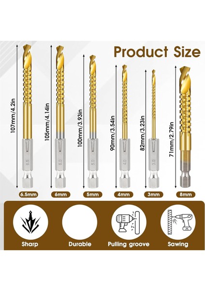 6 Adet Titanyum Kaplamalı Hss Büküm Matkap Uçları, 3-8mm Altıgen Saplı Tırtıklı Kesme Ucu Spiral Testere (Yurt Dışından)