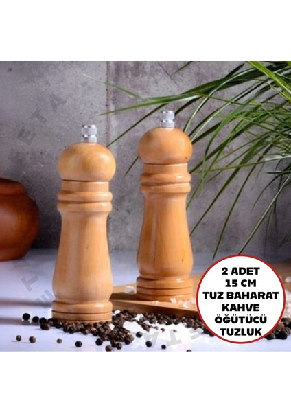 2 Adet 15 cm Küçük Boy Doğal Ahşap Öğütücülü Karabiber Tuz Kahve Baharat Ahşap Değirmen Tuzluk