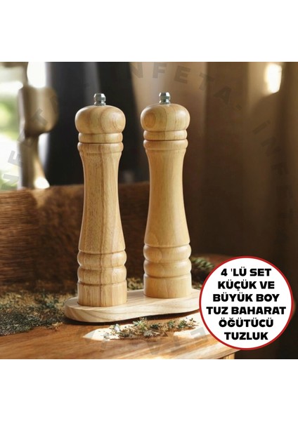 4 Adet Küçük ve Büyük Boy Doğal Ahşap Öğütücülü Karabiber Tuz Kahve Baharat Ahşap Değirmen Tuzluk