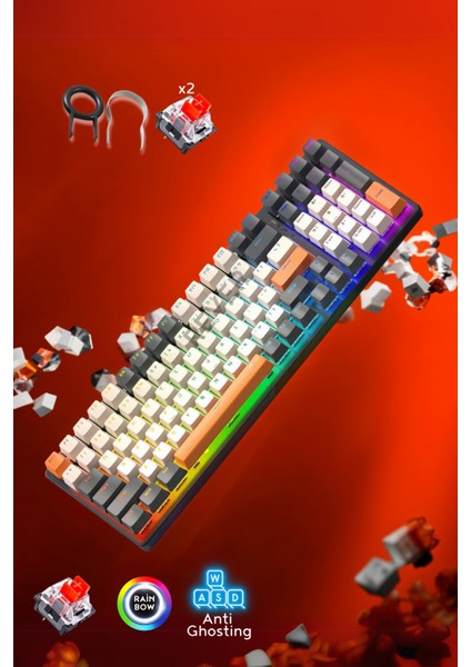 Mekanik Oyuncu Klavyesi Red Switch Retro Dizayn 9 Işık Animasyonlu Rainbow LED Işıklı Gaming Klavye