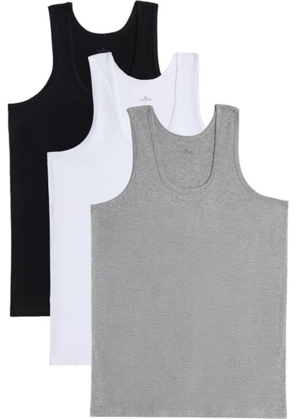 3 Adet Compact Penye Siyah-Beyaz-Gri Erkek Atlet Pamuklu Standart Fit Normal Kesim 3'lü Paket