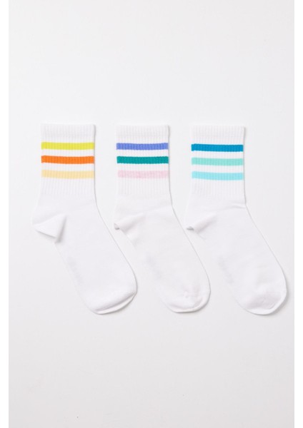 Çocuk Renkli Şeritli 3'lü Paket Soket Çorap Beyaz
