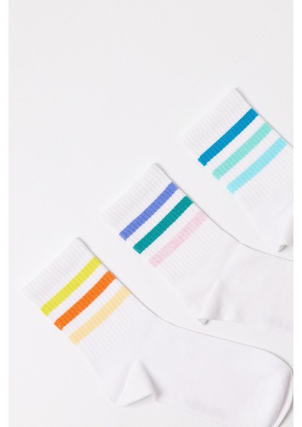 Çocuk Renkli Şeritli 3'lü Paket Soket Çorap Beyaz fiyatları
