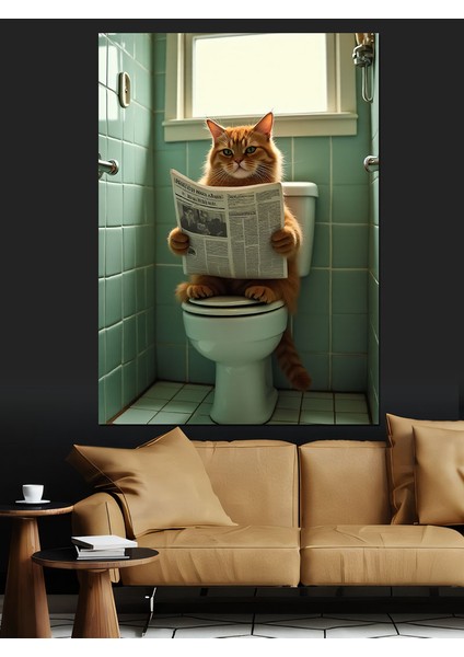 Tuvalette Gazete Okuyan Sakin Kedi Dekoratif Kanvas - Mdf Ahşap Tablo fiyatları